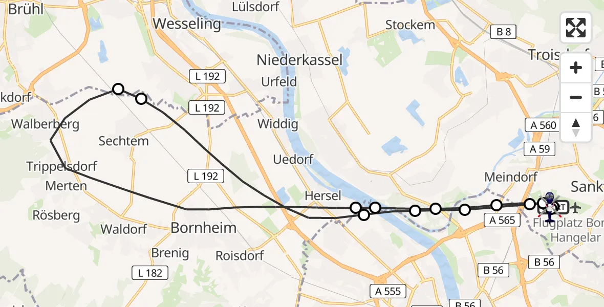 Flugroute Polizeihubschrauber Bonn-Hangelar Flugplatz - Sankt Augustin, 19 Juni 2026, 05:40