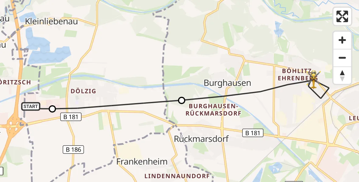 Flugroute Rettungshubschrauber ADAC Air Rescue Station Leipzig/Schkeuditz-Dölzig Hubschrauberlandeplatz (Christoph 61) - Leipzig, 19 Juni 2026, 05:41