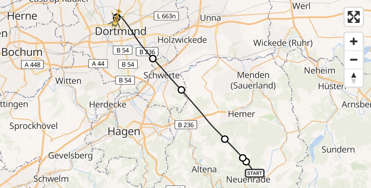 Flugroute Rettungshubschrauber Neuenrade - Dortmund Hospital North, 19 Juni 2026, 05:41