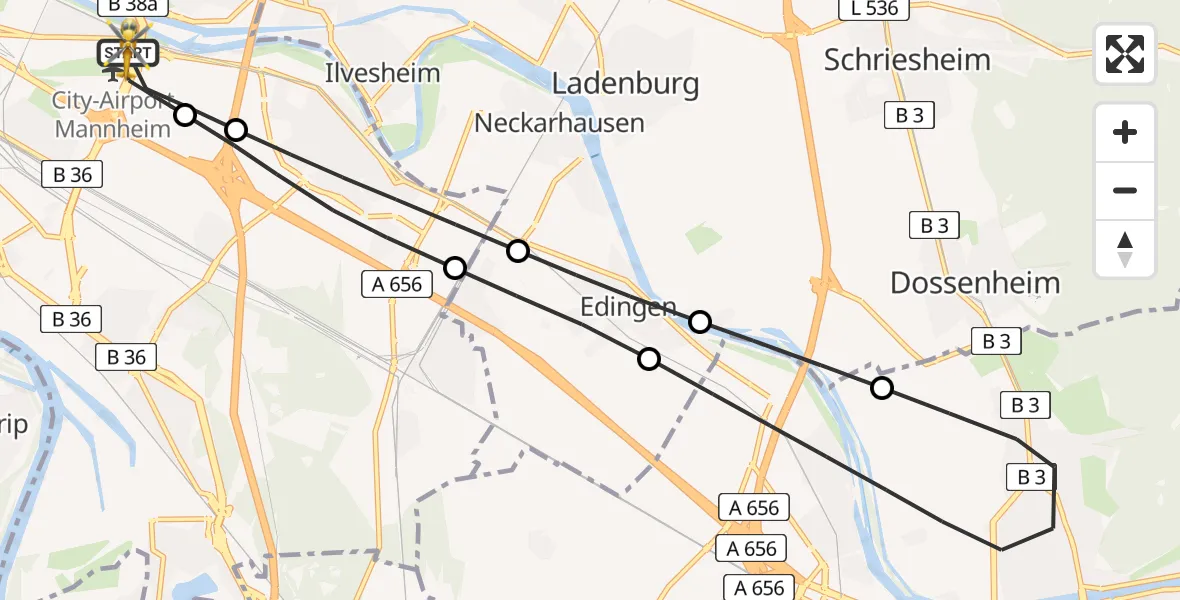 Flugroute Rettungshubschrauber Mannheim-City Flughafen - Mannheim-City Flughafen, 19 Juni 2026, 05:52