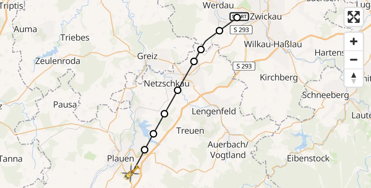Flugroute Rettungshubschrauber ADAC Air Rescue Station Zwickau Hubschrauberlandeplatz - Plauen, 19 Juni 2026, 05:57