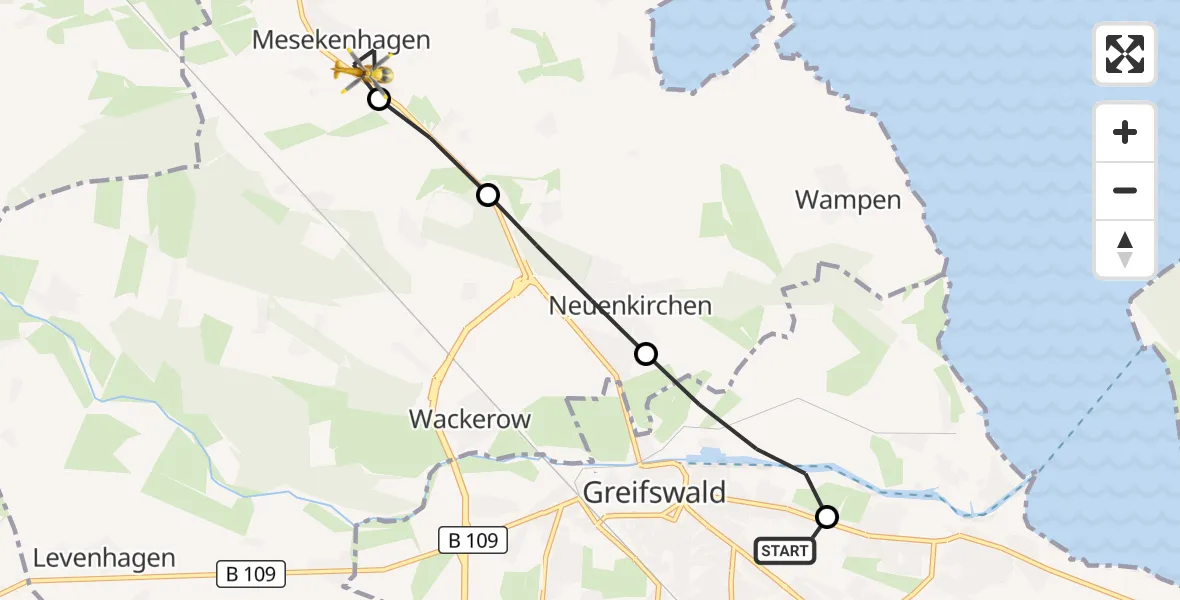 Flugroute Rettungshubschrauber Greifswald Hospital - Mesekenhagen, 19 Juni 2026, 06:00