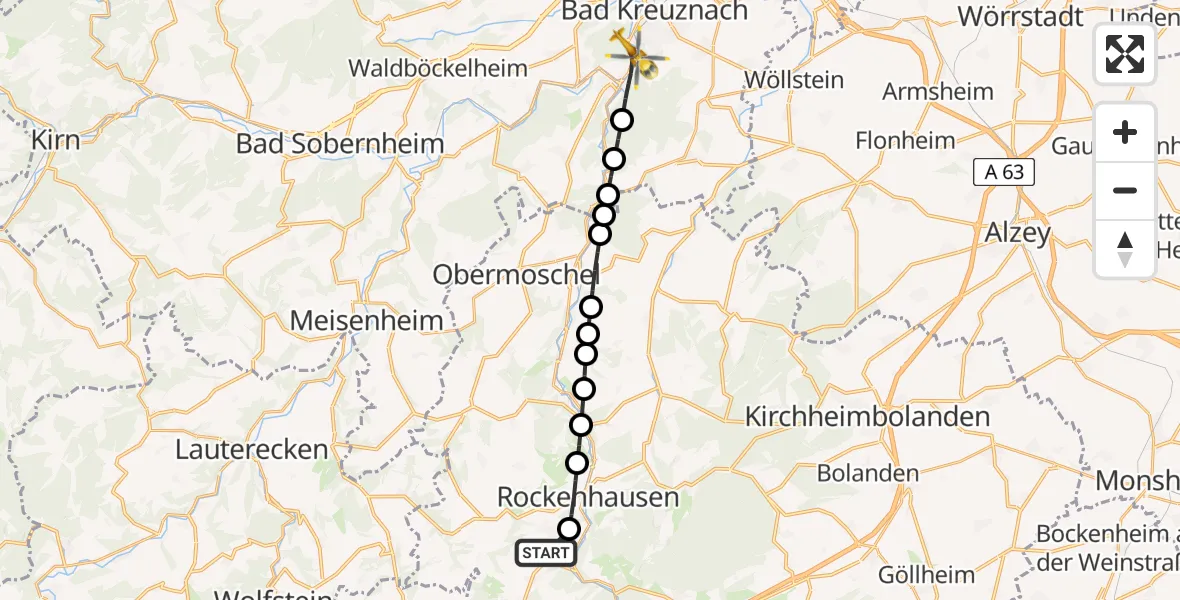 Flugroute Rettungshubschrauber Imsweiler UL - Bad Kreuznach, 19 Juni 2026, 06:06