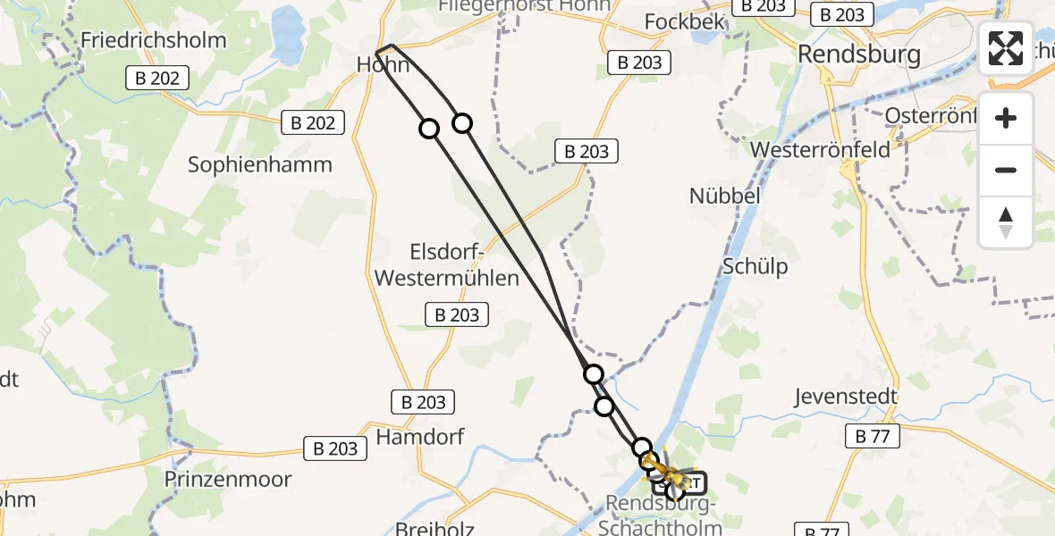 Flugroute Ambulanzhubschrauber Rendsburg-Schachtholm Flugplatz - Rendsburg-Schachtholm Flugplatz, 19 Juni 2026, 06:07