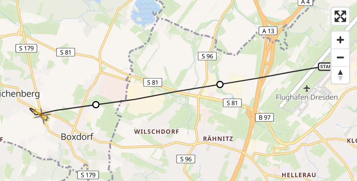 Flugroute Rettungshubschrauber Dresden Flughafen - Moritzburg, 19 Juni 2026, 06:12