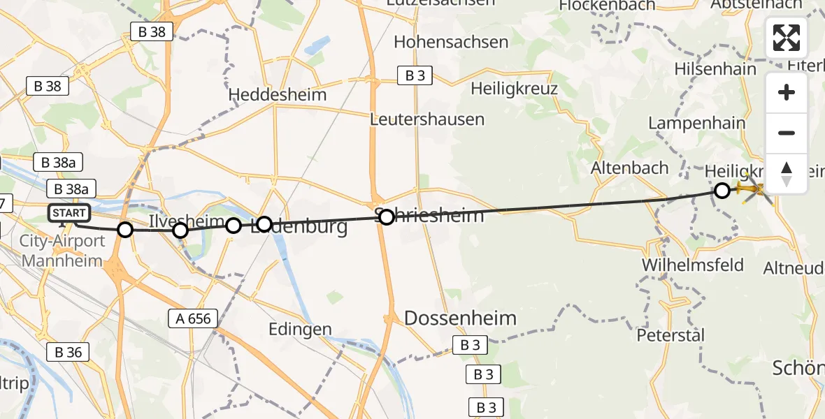 Flugroute Rettungshubschrauber Mannheim-City Flughafen - Heiligkreuzsteinach, 19 Juni 2026, 06:19