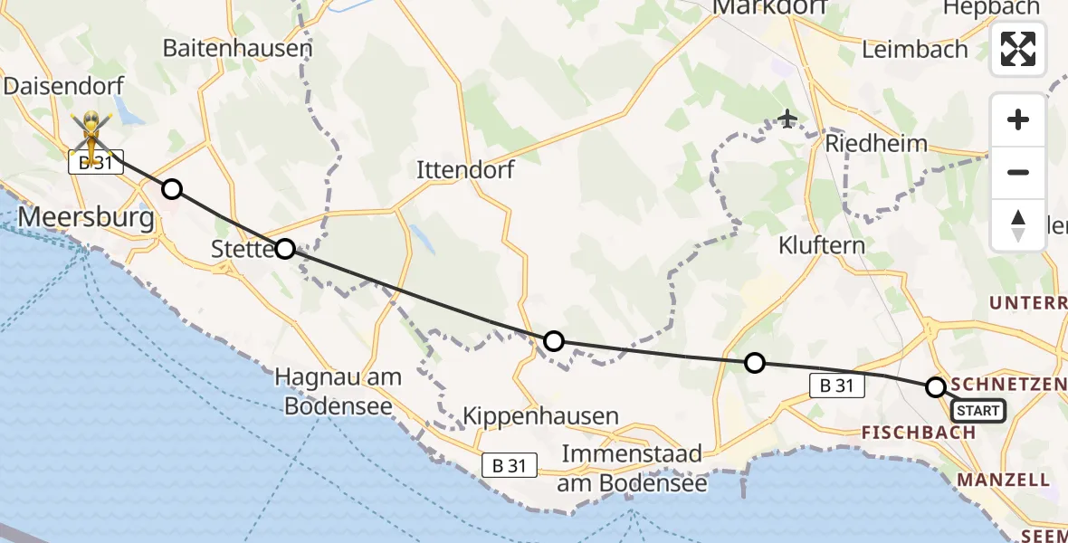 Flugroute Rettungshubschrauber Friedrichshafen Hospital - Meersburg, 19 Juni 2026, 06:20