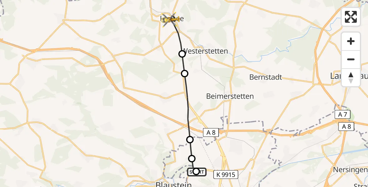 Flugroute Rettungshubschrauber Ulm Military Hospital Emergency - Lonsee, 19 Juni 2026, 06:29