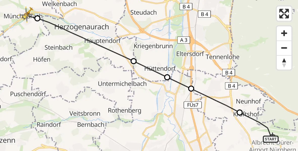 Flugroute Rettungshubschrauber Flughafen Nuremberg - Aurachtal, 19 Juni 2026, 06:35