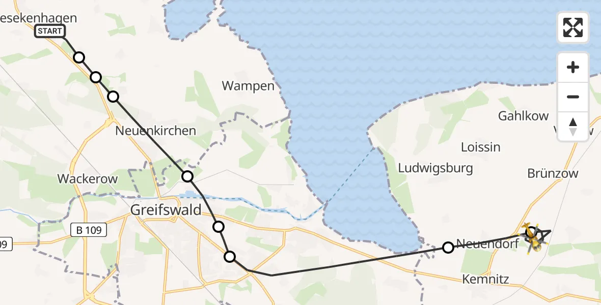 Flugroute Rettungshubschrauber Mesekenhagen - Brünzow, 19 Juni 2026, 06:36