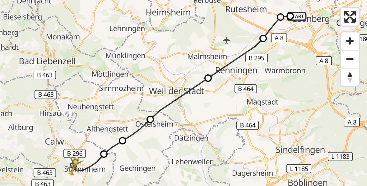 Flugroute Rettungshubschrauber Leonberg Hospital - Calw, 19 Juni 2026, 06:36