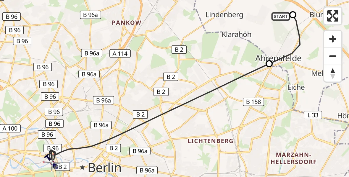 Flugroute Polizeihubschrauber Ahrensfelde Hubschrauberlandeplatz - Berlin, 19 Juni 2026, 06:43