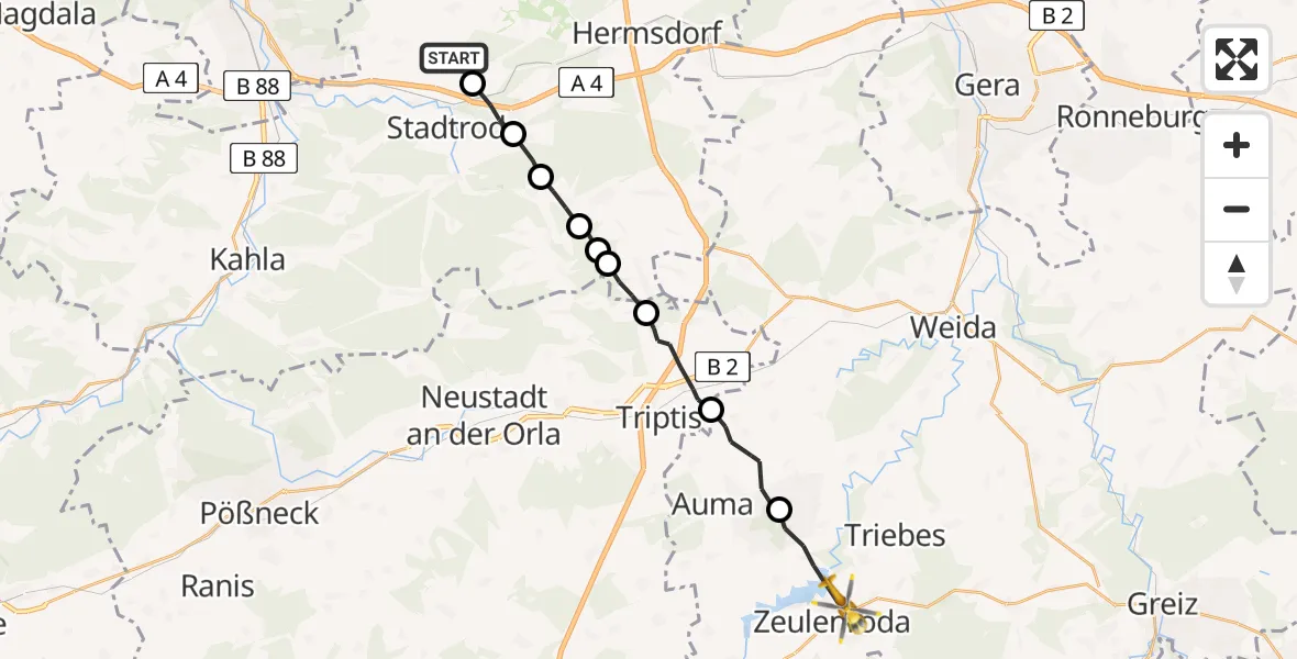 Flugroute Rettungshubschrauber Ruttersdorf-Lotschen - Zeulenroda-Triebes, 19 Juni 2026, 06:46