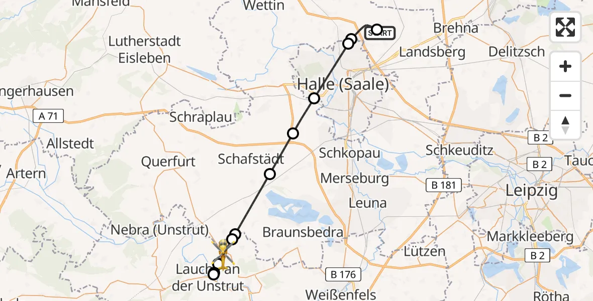 Flugroute Rettungshubschrauber Halle-Oppin Flugplatz - Gleina, 19 Juni 2026, 06:47