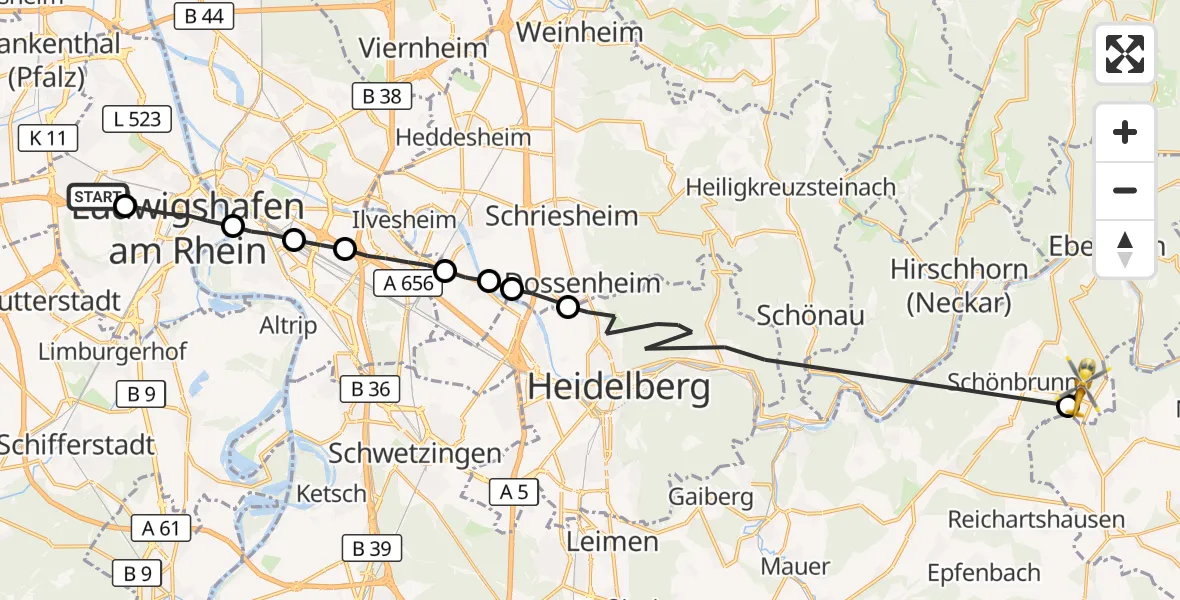 Flugroute Rettungshubschrauber Ludwigshafen Accident Hospital - Schönbrunn, 19 Juni 2026, 06:48