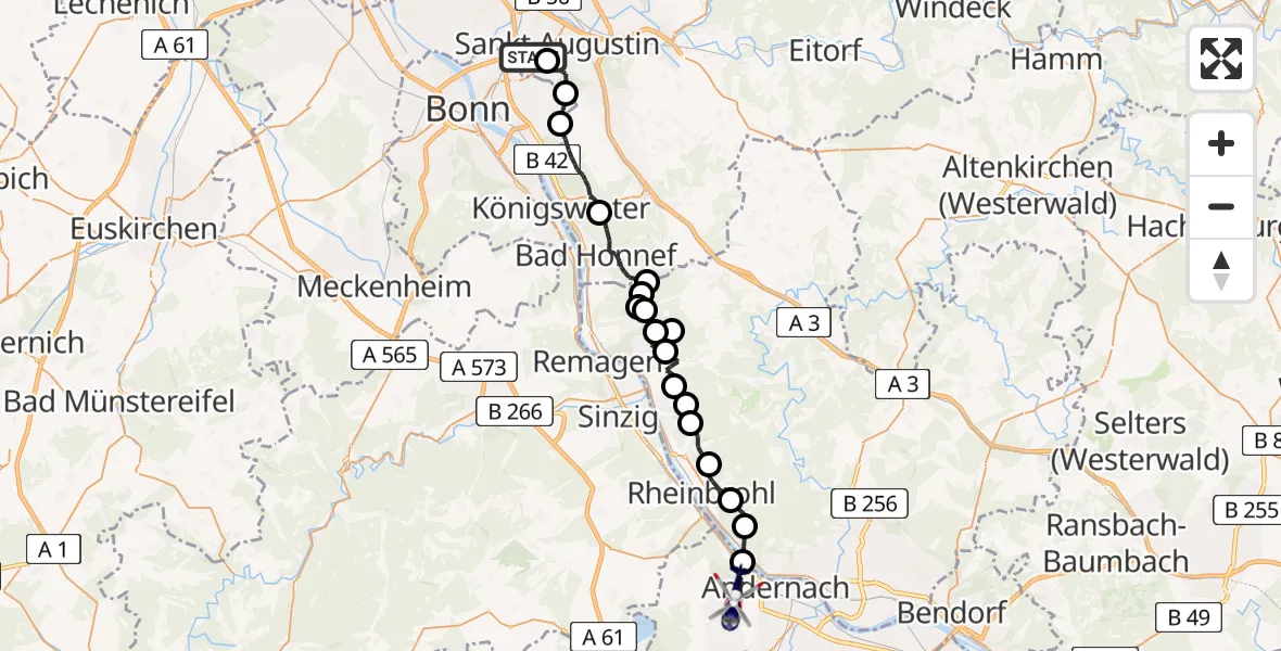 Flugroute Polizeihubschrauber Bonn-Hangelar Flugplatz - Andernach, 19 Juni 2026, 06:52