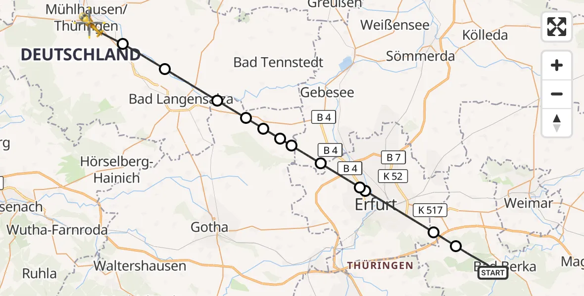 Flugroute Ambulanzhubschrauber Bad Berka - Hufeland Hospital, 19 Juni 2026, 07:00