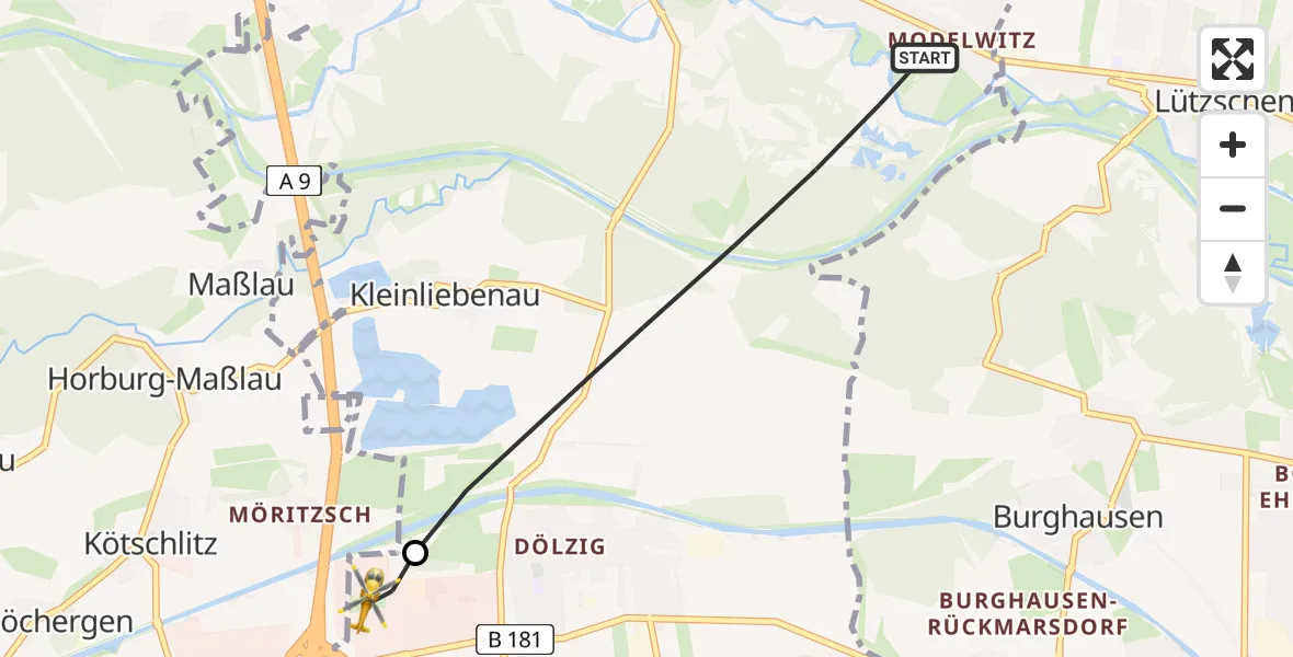 Flugroute Rettungshubschrauber Schkeuditz - ADAC Air Rescue Station Leipzig/Schkeuditz-Dölzig Hubschrauberlandeplatz (Christoph 61), 19 Juni 2026, 07:01
