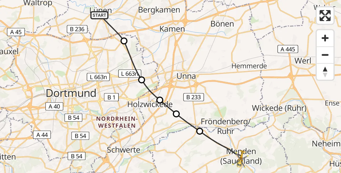 Flugroute Rettungshubschrauber Lünen - Menden (Sauerland), 19 Juni 2026, 07:01