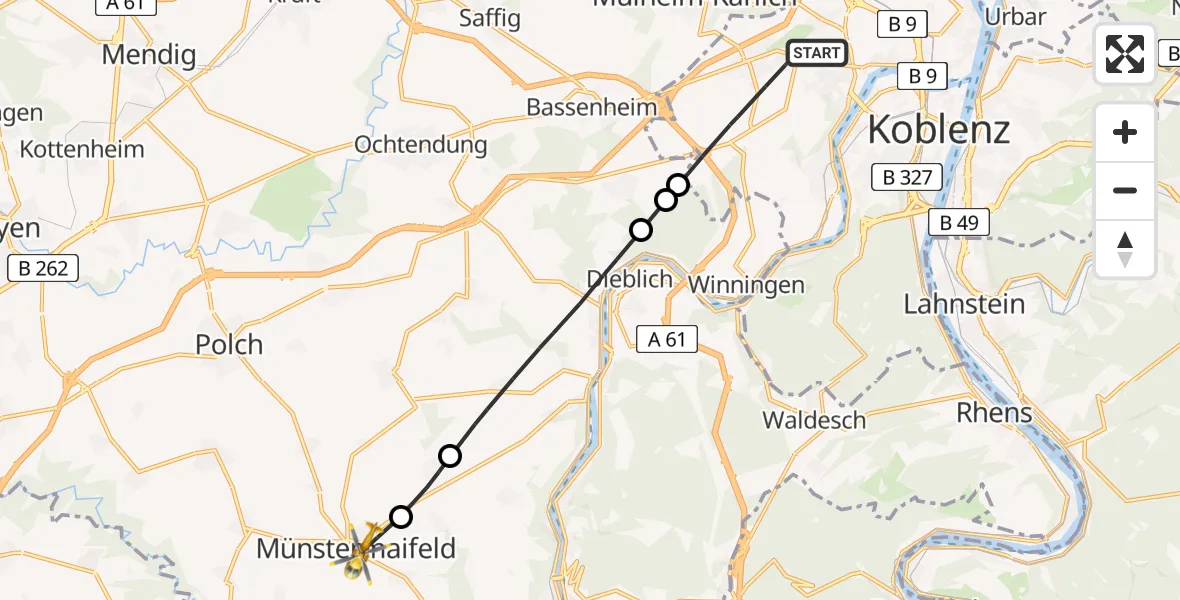 Flugroute Rettungshubschrauber Koblenz - Münstermaifeld, 19 Juni 2026, 07:02
