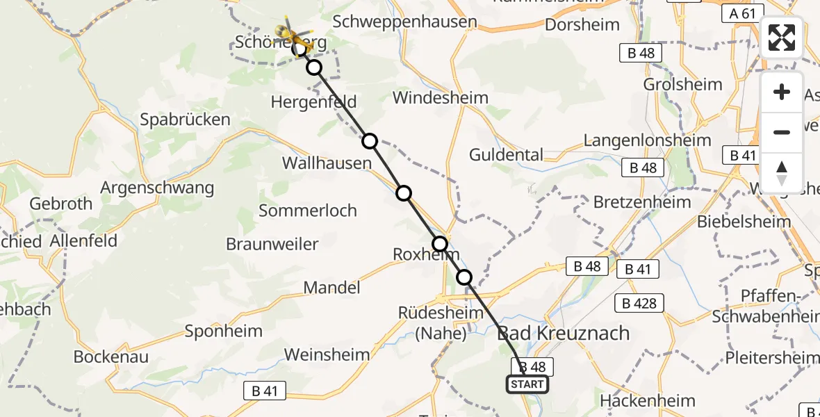 Flugroute Rettungshubschrauber Bad Kreuznach - Schöneberg, 19 Juni 2026, 07:02