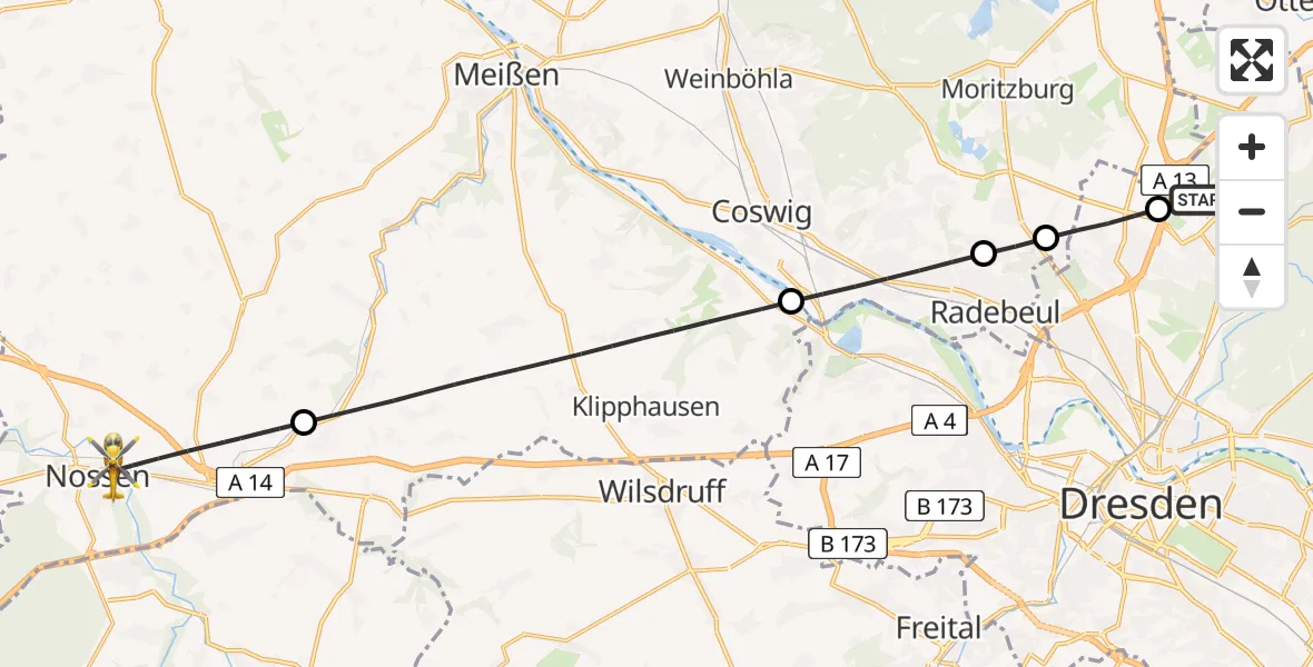 Flugroute Rettungshubschrauber Dresden Flughafen - Nossen, 19 Juni 2026, 07:06