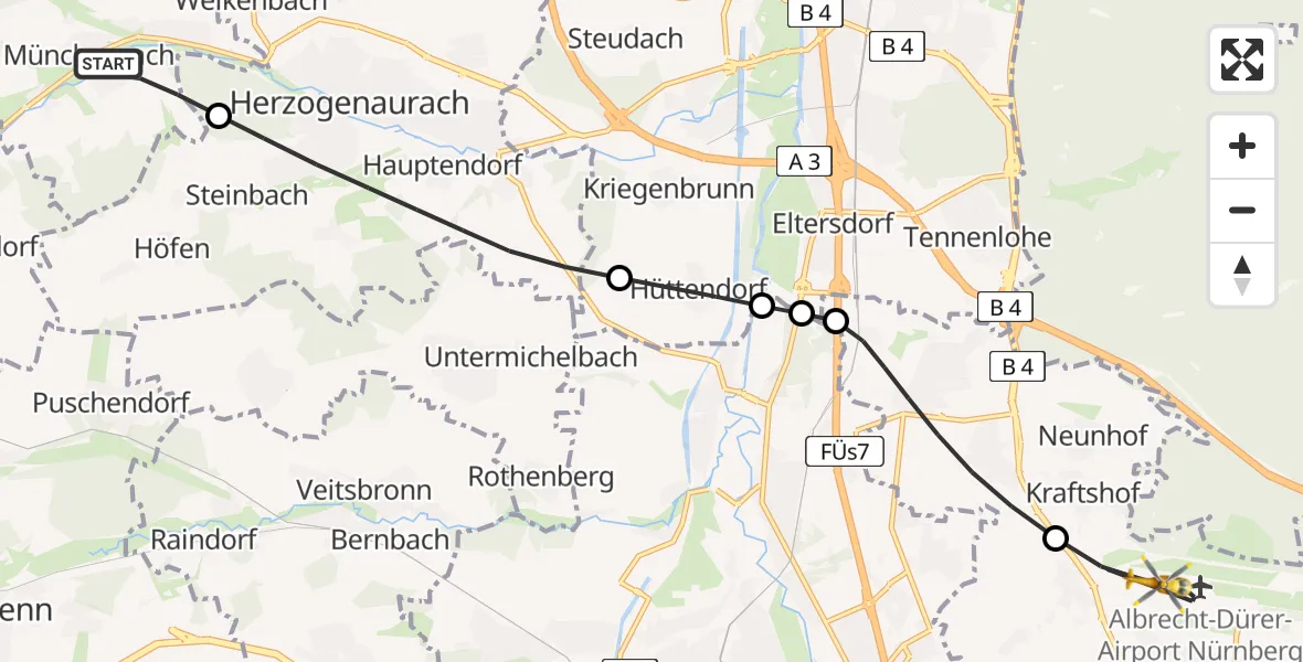 Flugroute Rettungshubschrauber Aurachtal - Flughafen Nuremberg, 19 Juni 2026, 07:10