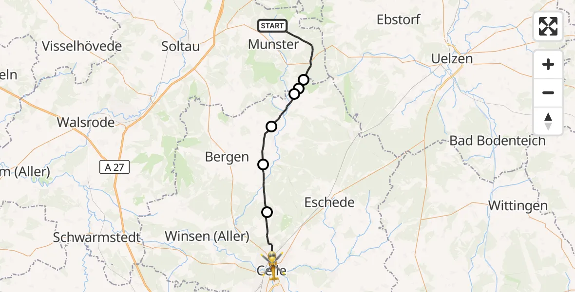 Flugroute Rettungshubschrauber Munster - Celle, 19 Juni 2026, 07:10