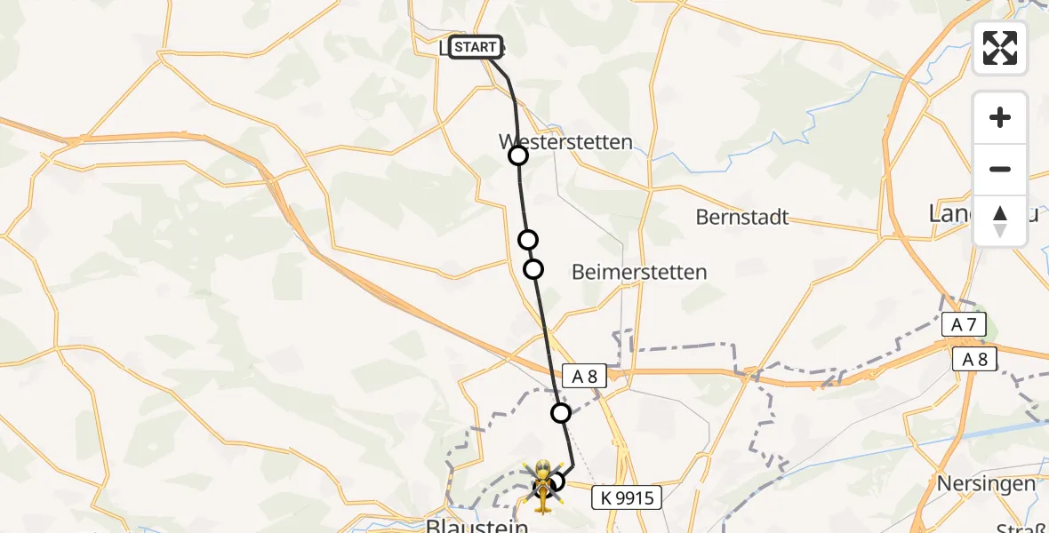 Flugroute Rettungshubschrauber Lonsee - ADAC Air Rescue Station Ulm (Christoph 22), 19 Juni 2026, 07:14
