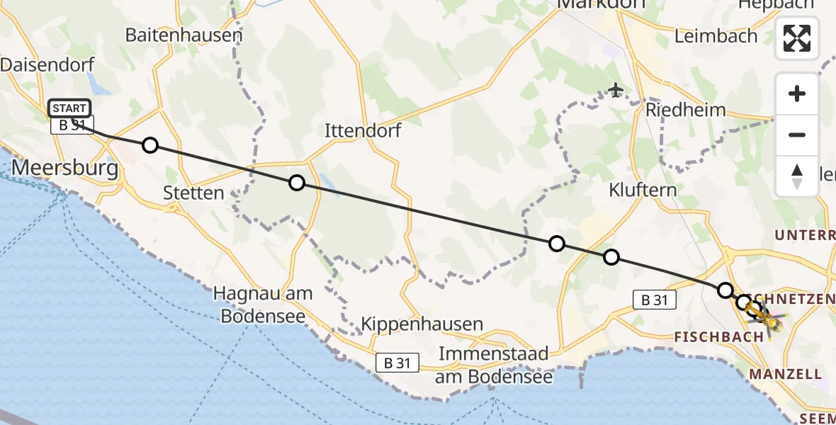 Flugroute Rettungshubschrauber Meersburg - Friedrichshafen Hospital, 19 Juni 2026, 07:17