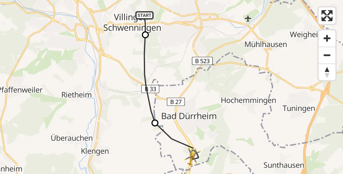 Flugroute Ambulanzhubschrauber DRF Air Rescue Station Villingen-Schwenningen Hubschrauberlandeplatz (Christoph 11) - Bad Dürrheim, 19 Juni 2026, 07:19