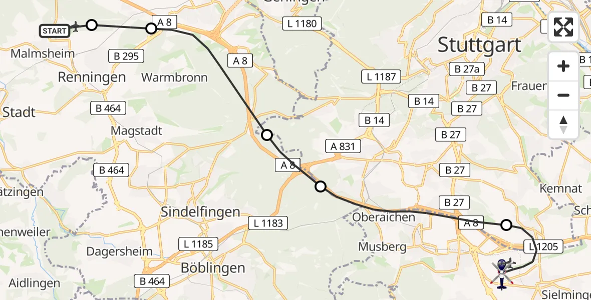 Flugroute Polizeihubschrauber Malmsheim Flugplatz - Flughafen Stuttgart, 19 Juni 2026, 07:20