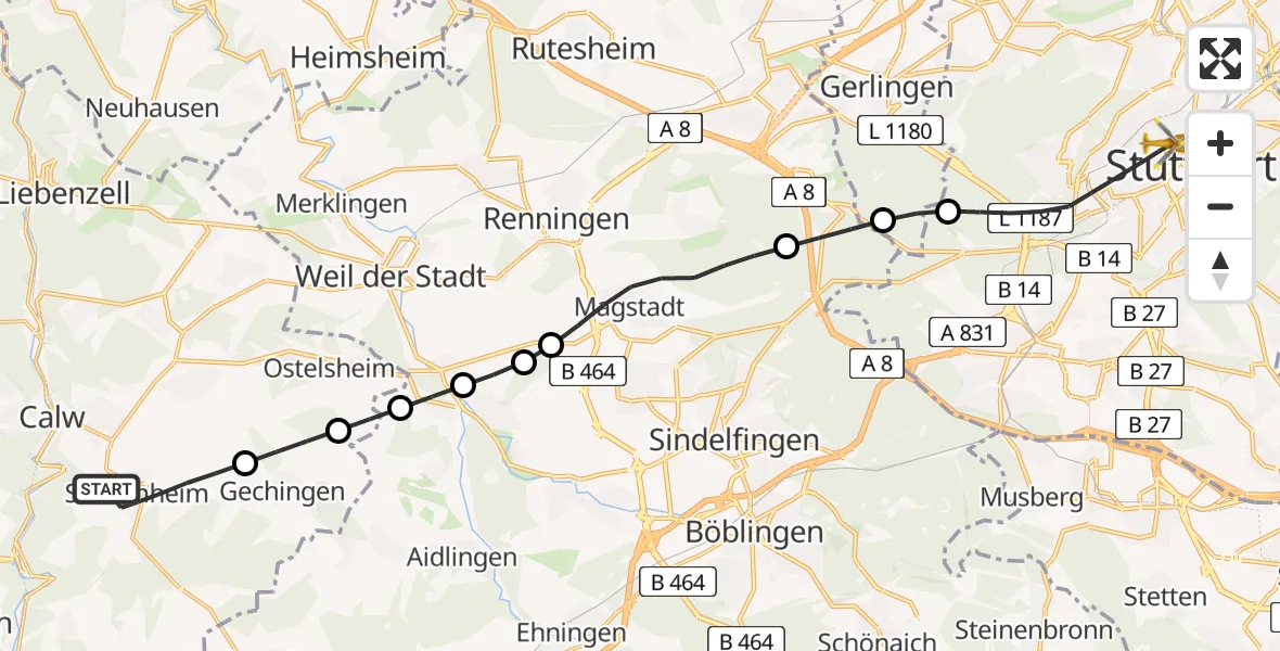 Flugroute Rettungshubschrauber Calw - Stuttgart, 19 Juni 2026, 07:21