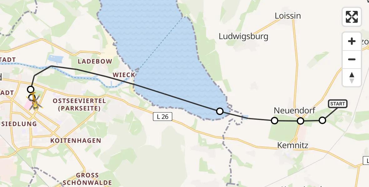 Flugroute Rettungshubschrauber Brünzow - Greifswald Hospital, 19 Juni 2026, 07:23