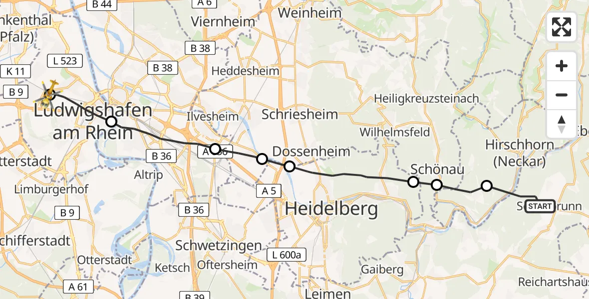 Flugroute Rettungshubschrauber Schönbrunn - Ludwigshafen Accident Hospital Hubschrauberlandeplatz, 19 Juni 2026, 07:26