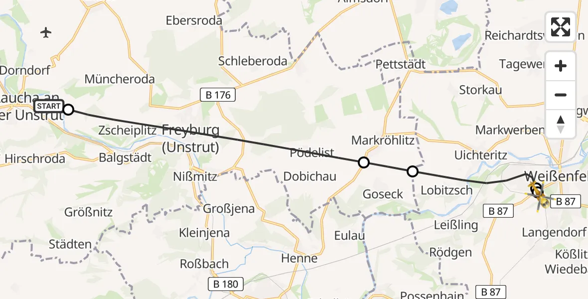 Flugroute Rettungshubschrauber Laucha an der Unstrut - Asklepios Clinic Weißenfels, 19 Juni 2026, 07:29