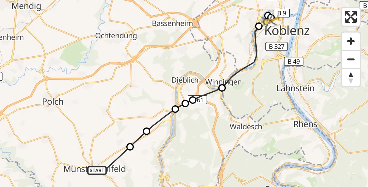 Flugroute Rettungshubschrauber Münstermaifeld - Katholisches Klinikum Marienhof Koblenz Hubschrauberlandeplatz, 19 Juni 2026, 07:44