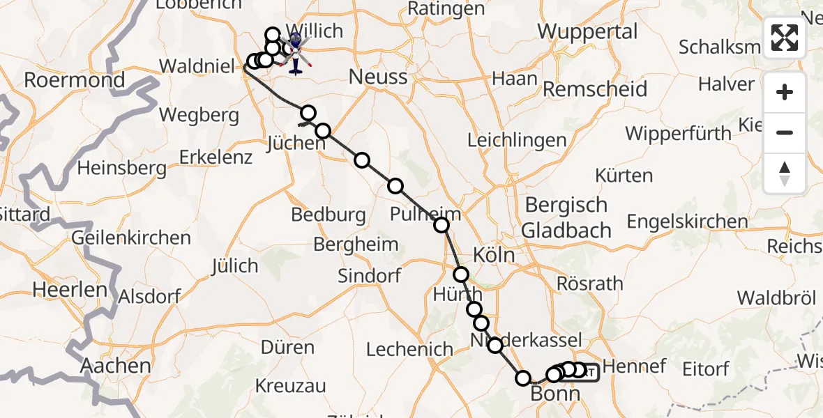 Flugroute Polizeihubschrauber Sankt Augustin - Mönchengladbach Flughafen, 19 Juni 2026, 07:45