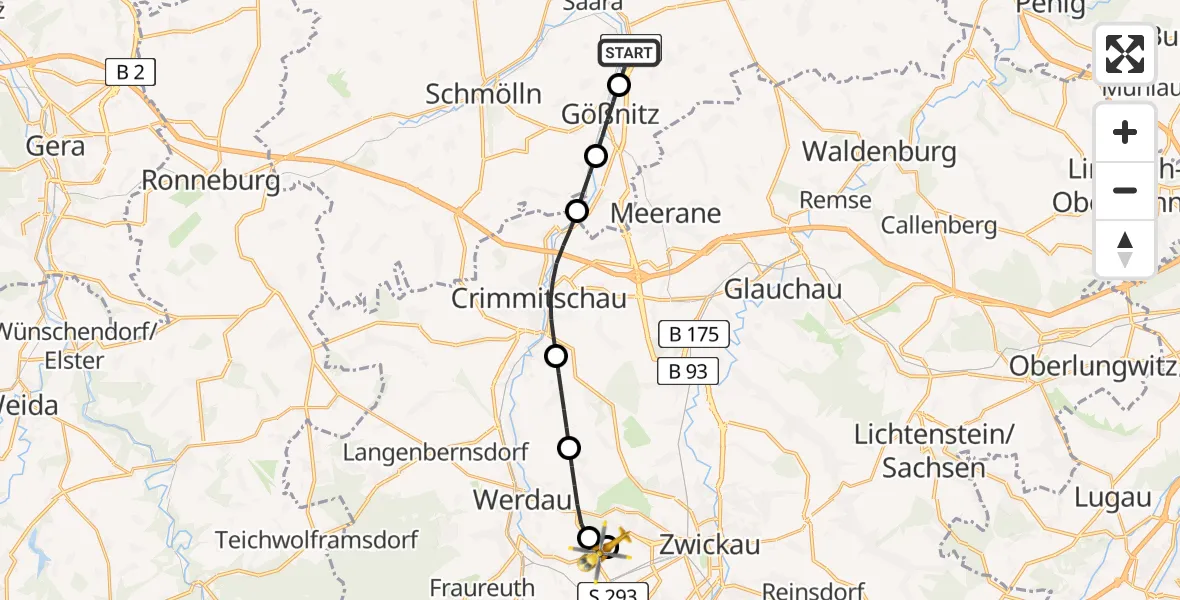Flugroute Rettungshubschrauber Nobitz - ADAC Air Rescue Station Zwickau Hubschrauberlandeplatz, 19 Juni 2026, 07:45