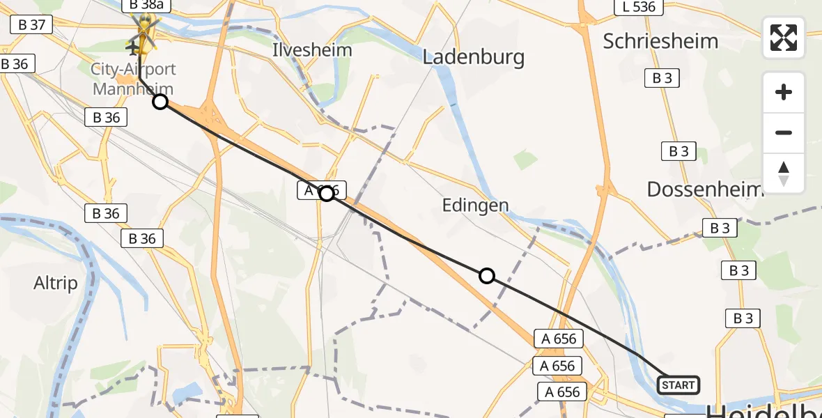 Flugroute Rettungshubschrauber Heidelberg - Mannheim-City Flughafen, 19 Juni 2026, 07:46