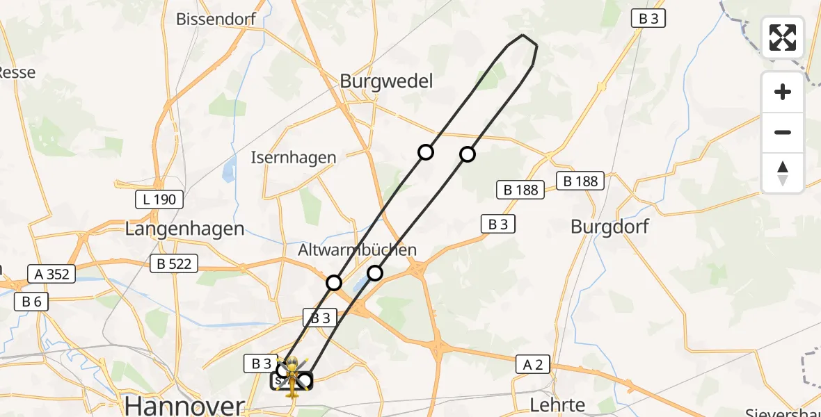 Flugroute Rettungshubschrauber Hannover Luftrettung Hubschrauberlandeplatz (Christoph 4) - Hannover Luftrettung Hubschrauberlandeplatz (Christoph 4), 19 Juni 2026, 07:50