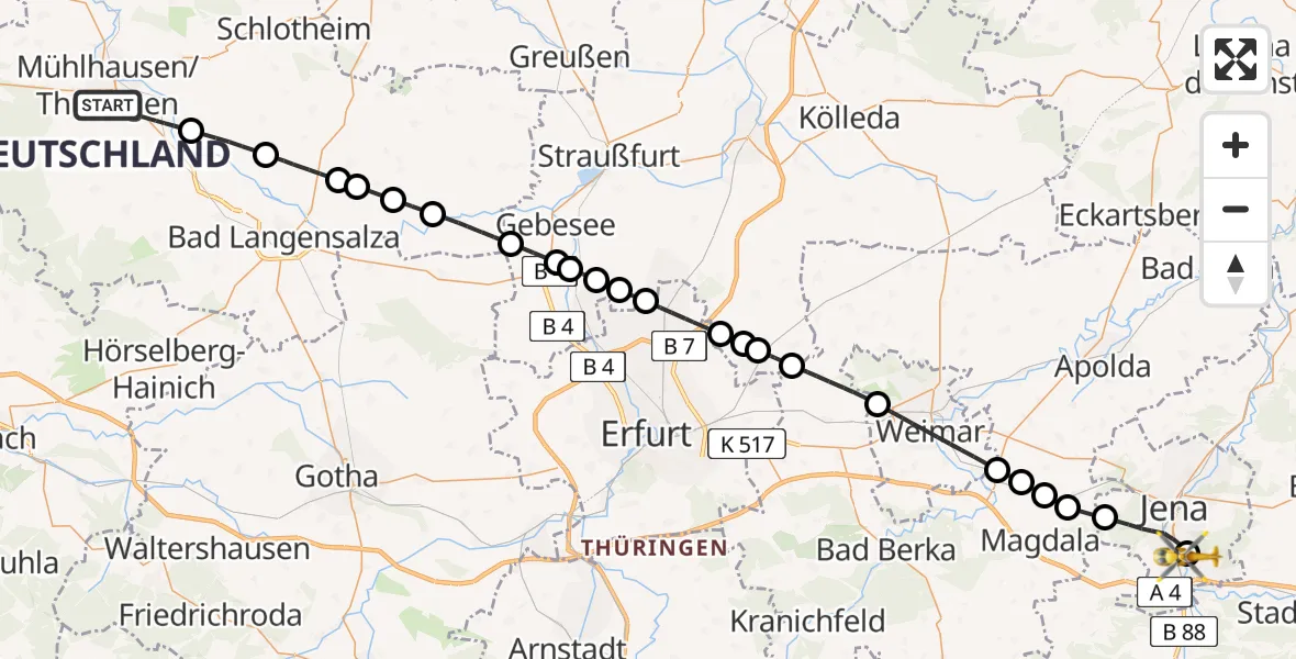 Flugroute Ambulanzhubschrauber Mühlhausen/Thüringen - Lobeda Hubschrauberlandeplatz, 19 Juni 2026, 07:51