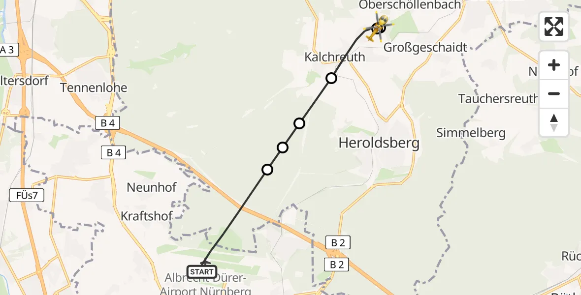Flugroute Rettungshubschrauber Flughafen Nuremberg - Kalchreuth, 19 Juni 2026, 07:57
