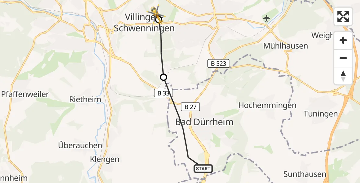 Flugroute Ambulanzhubschrauber Bad Dürrheim - DRF Air Rescue Station Villingen-Schwenningen Hubschrauberlandeplatz (Christoph 11), 19 Juni 2026, 07:59