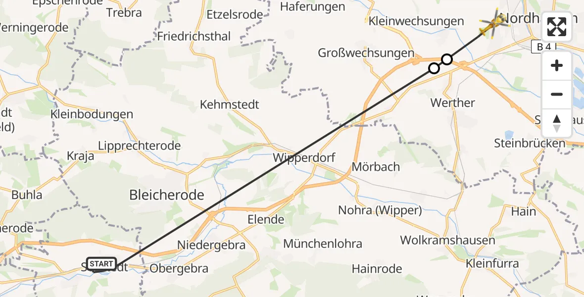 Flugroute Rettungshubschrauber Sollstedt - Nordhausen, 19 Juni 2026, 07:59