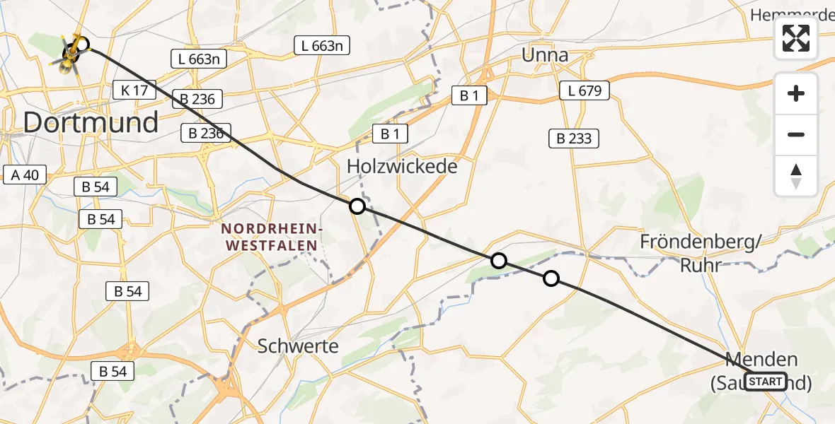 Flugroute Rettungshubschrauber Menden (Sauerland) - Dortmund Hospital North, 19 Juni 2026, 08:01