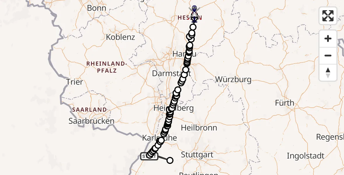 Flugroute Polizeihubschrauber Sinzheim - Feldatal, 19 Juni 2026, 08:03