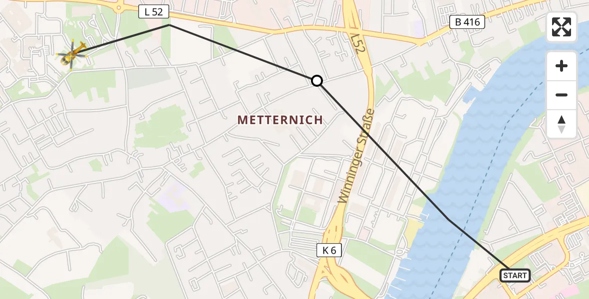 Flugroute Rettungshubschrauber Katholisches Klinikum Marienhof Koblenz Hubschrauberlandeplatz - Koblenz, 19 Juni 2026, 08:07