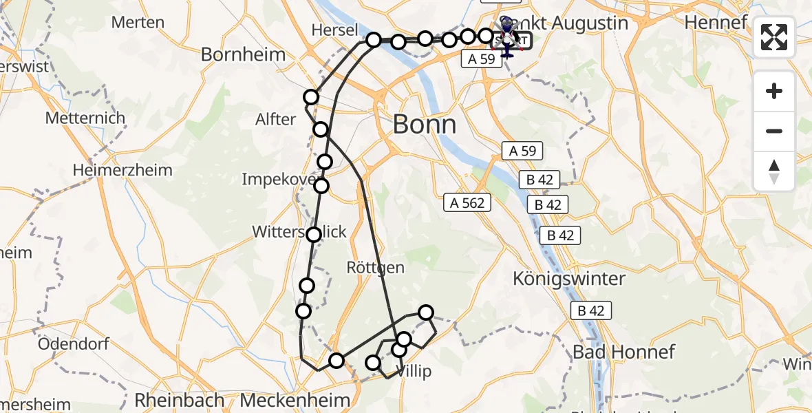 Flugroute Polizeihubschrauber Bonn-Hangelar Flugplatz - Sankt Augustin, 19 Juni 2026, 08:08