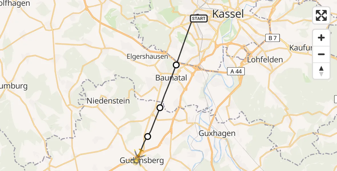 Flugroute Rettungshubschrauber Kassel - Gudensberg, 19 Juni 2026, 08:12